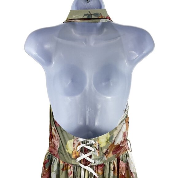 Forest Wardrobe NWT Womens M Floral Halter Midi Dress Ruffle Corset Back Retro - Picture 6 of 16